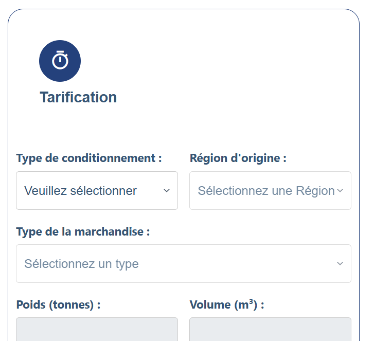 Formulaire de tarification BESC avec champs pour le type de marchandise, région d'origine, conditionnement, poids et volume du site EASYCTN