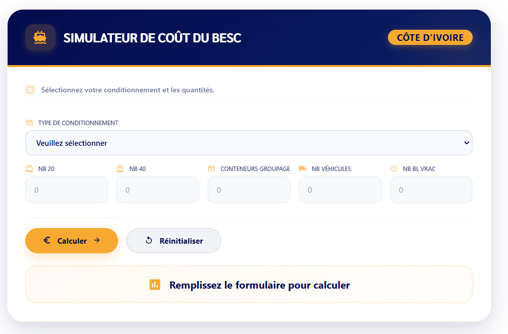 Capture d'écran du formulaire en ligne « SIMULATEUR DE COÛT DU BESC » pour la Côte d'Ivoire. EASYCTN