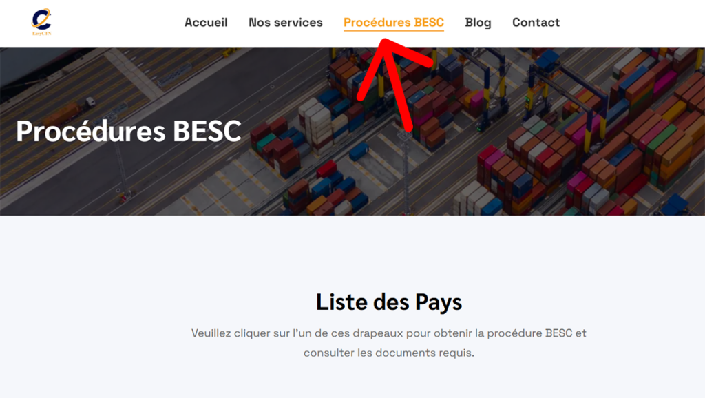 Capture d’écran du site Easy CTN montrant l’accès aux Procédures BESC depuis le menu de navigation