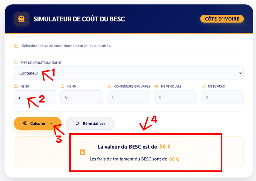 Capture d'écran du formulaire en ligne « SIMULATEUR DE COÛT DU BESC » pour la Côte d'Ivoire. EASYCTN